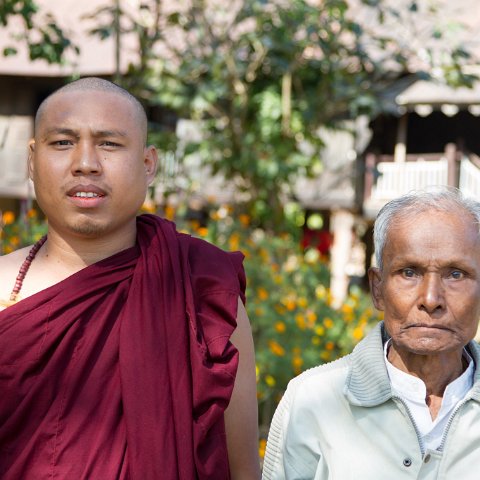 Monk with his 87 year old Grandfather  Taken at Latitude/Longitude:20.593530/93.193083.  km       (Map link) : Km to   in, Birma, geo:lat=20.593530, geo:lon=93.193083, geotagged, myanmar